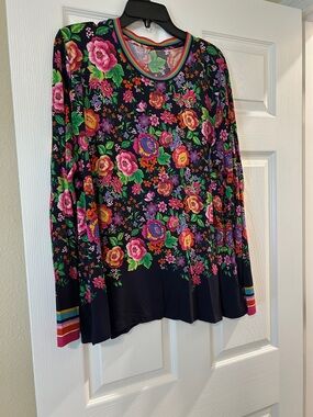 Johnny Was Navy Long-Sleeve Floral Tee with Pink, Green & Purple Accents